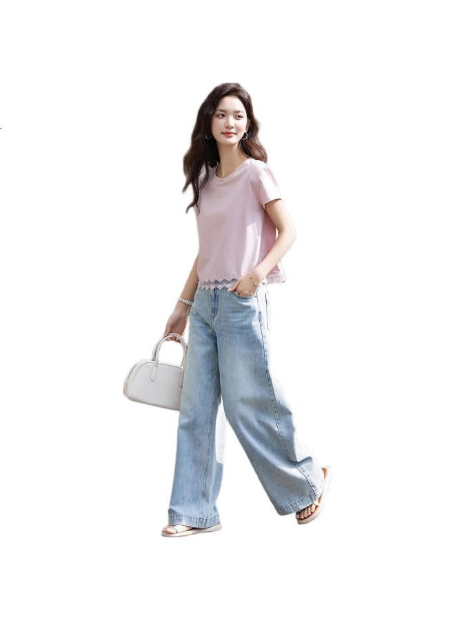 dme Elastic 180G Cotton Ammonia】Summer Round Neck Lace Bottoming Shirt Short Sleeve Loose Comfortable Women'S T-Shirt - Image 1