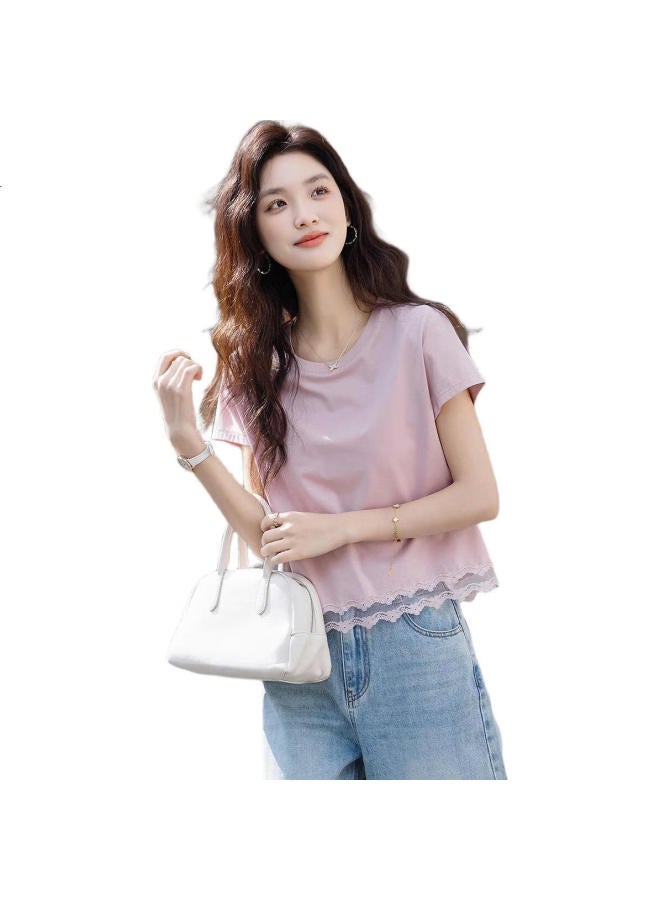 dme Elastic 180G Cotton Ammonia】Summer Round Neck Lace Bottoming Shirt Short Sleeve Loose Comfortable Women'S T-Shirt - Image 2