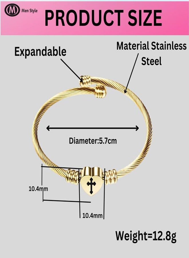 M Men Style Bracelets for Women, Heart Bracelet Stainless Steel Engraved Charm Bracelet, Woman Girl Jewelry Birthday Festival Gift Elegant Jewelry Gifts Accessory (Cross) Gold SKa202599 - Image 3