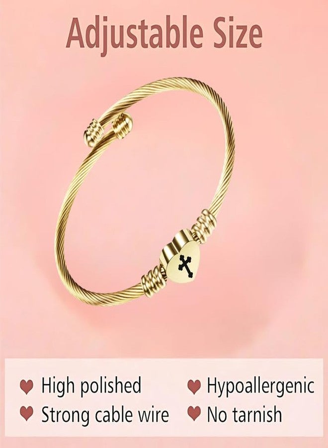 M Men Style Bracelets for Women, Heart Bracelet Stainless Steel Engraved Charm Bracelet, Woman Girl Jewelry Birthday Festival Gift Elegant Jewelry Gifts Accessory (Cross) Gold SKa202599 - Image 4