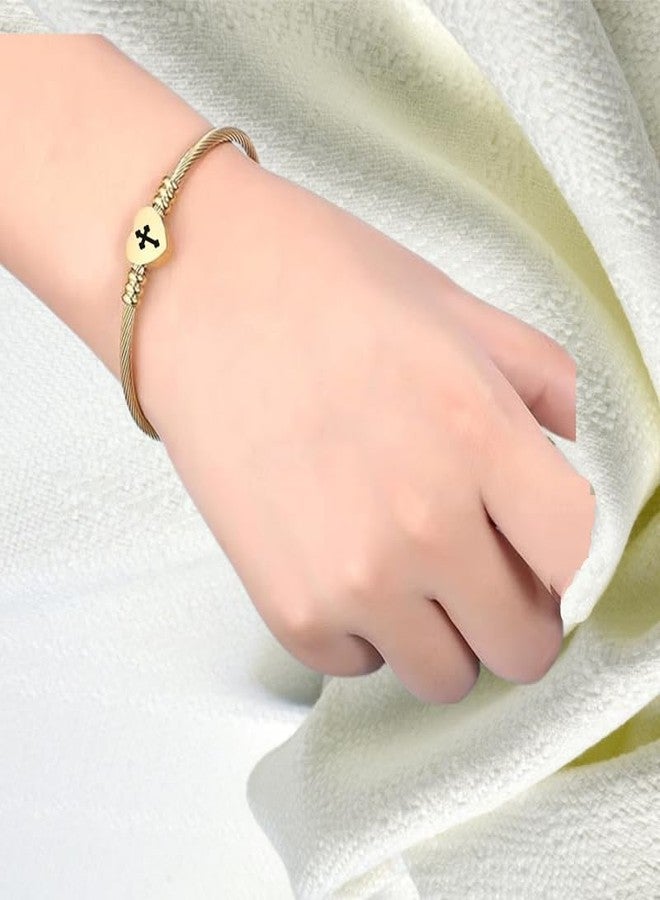 M Men Style Bracelets for Women, Heart Bracelet Stainless Steel Engraved Charm Bracelet, Woman Girl Jewelry Birthday Festival Gift Elegant Jewelry Gifts Accessory (Cross) Gold SKa202599 - Image 5