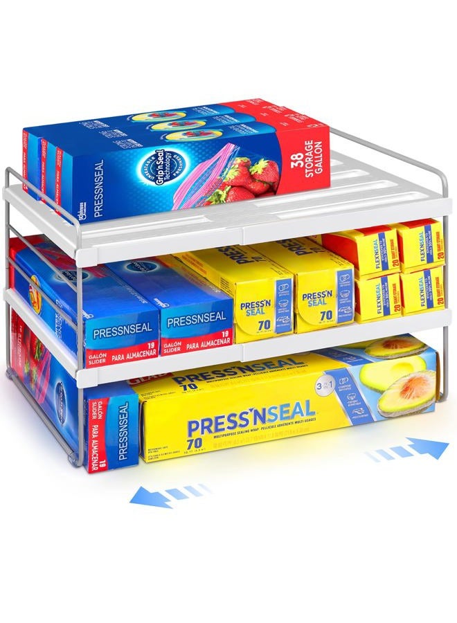 Cirhy Pantry Organizers and Storage,3 Tiers Expandable Foil and Plastic Wrap Organizer, Adjustable Kitchen Cabinet Shelf Organizer, Shelves Storage Rack for Cabinet Countertop (9.8" To 15.6"L) - Image 1
