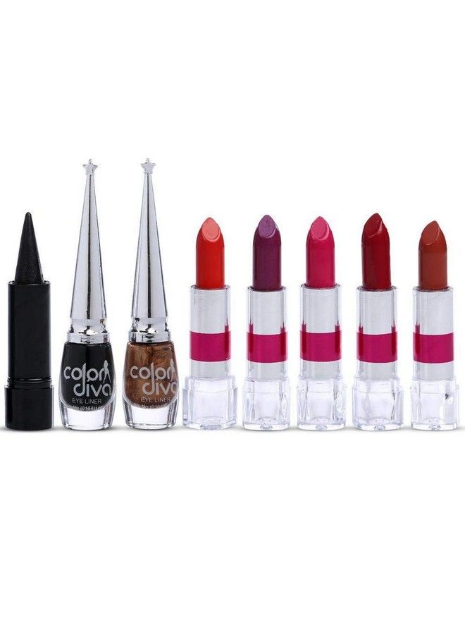 adbeni Makeup Combo Set Of 5Pcs Lipstick Kajal And 2 Eyeliner - Image 1