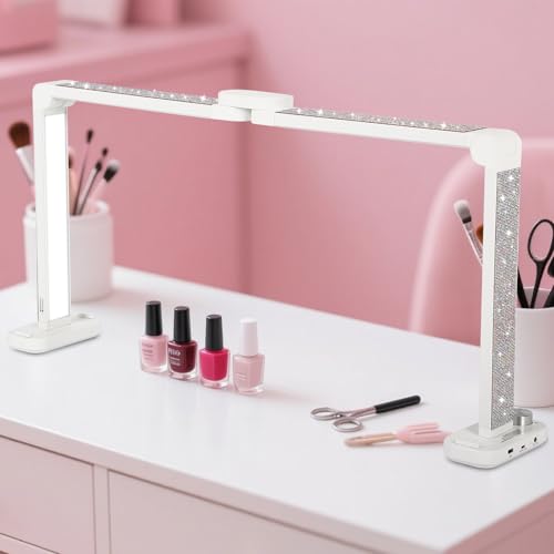 OLenyer 34in Half Moon Light for Nail Desk, Foldable LED Lamp for Nail Art, Tattooing, Craft Making, Stepless Dimming, 3000-6000K Color Temperature Adjustment, 456 Light Beads, White with Diamond - Image 1