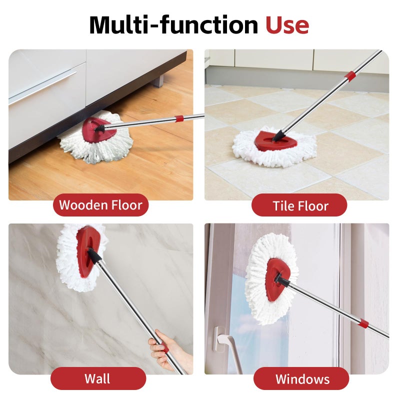 ANREKEYH Spin Mop Head, Base, Handle Replacement for O-Ceda EasyWring Microfiber Spin Mops, 2 Microfiber Mop Refills, 1 Triangle Head Cover and 30-58in Handle Set Combo (White(1 Tank System)) - Image 3