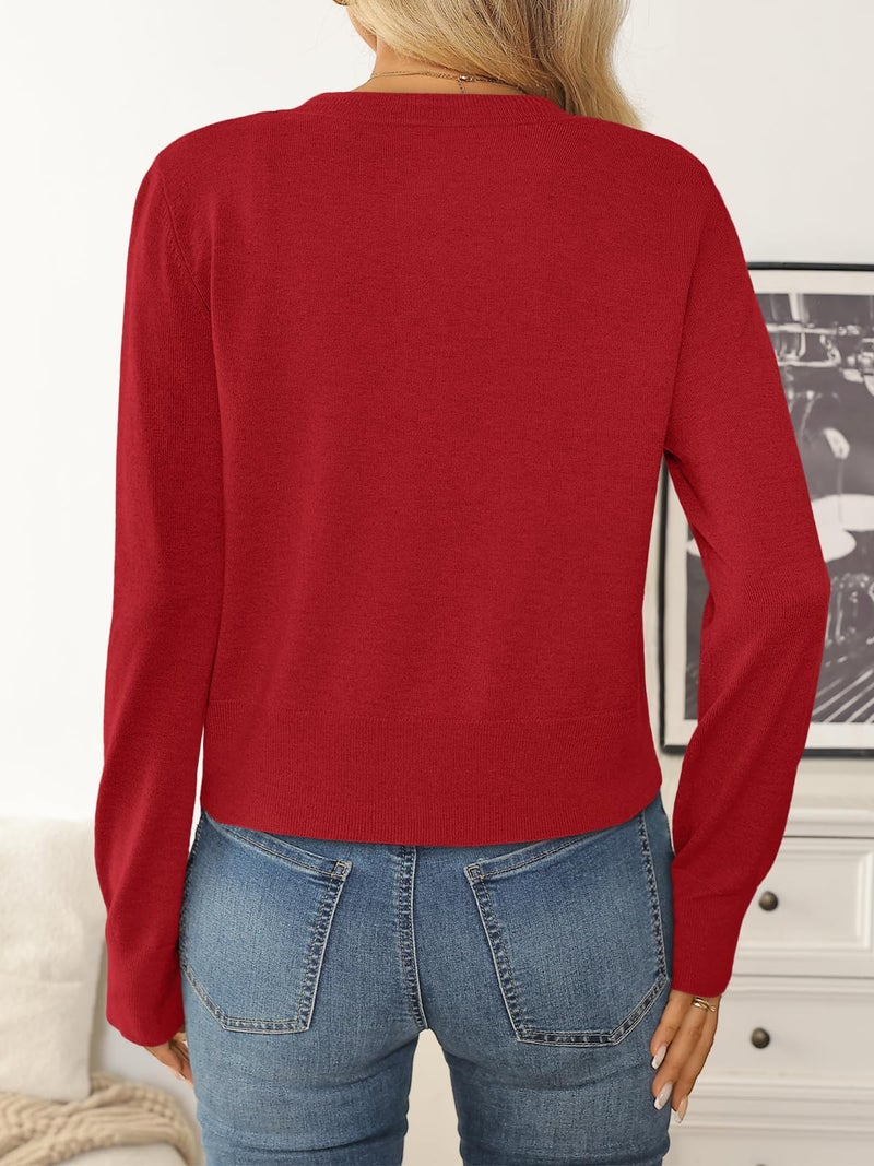 LILLUSORY Cropped Lightweight Cardigan Sweaters for Women Crew Neck Summer Clothes Fashion Spring Outfits 2026 Red M - Image 4