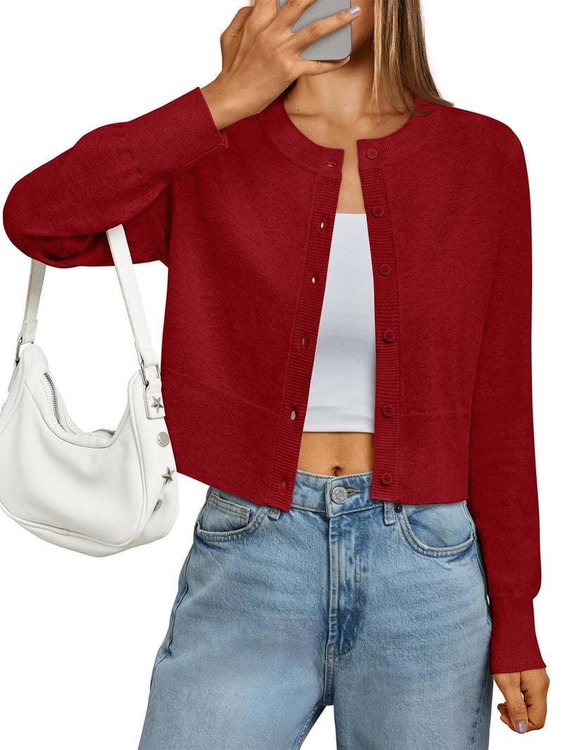 LILLUSORY Cropped Lightweight Cardigan Sweaters for Women Crew Neck Summer Clothes Fashion Spring Outfits 2026 Red M - Image 1