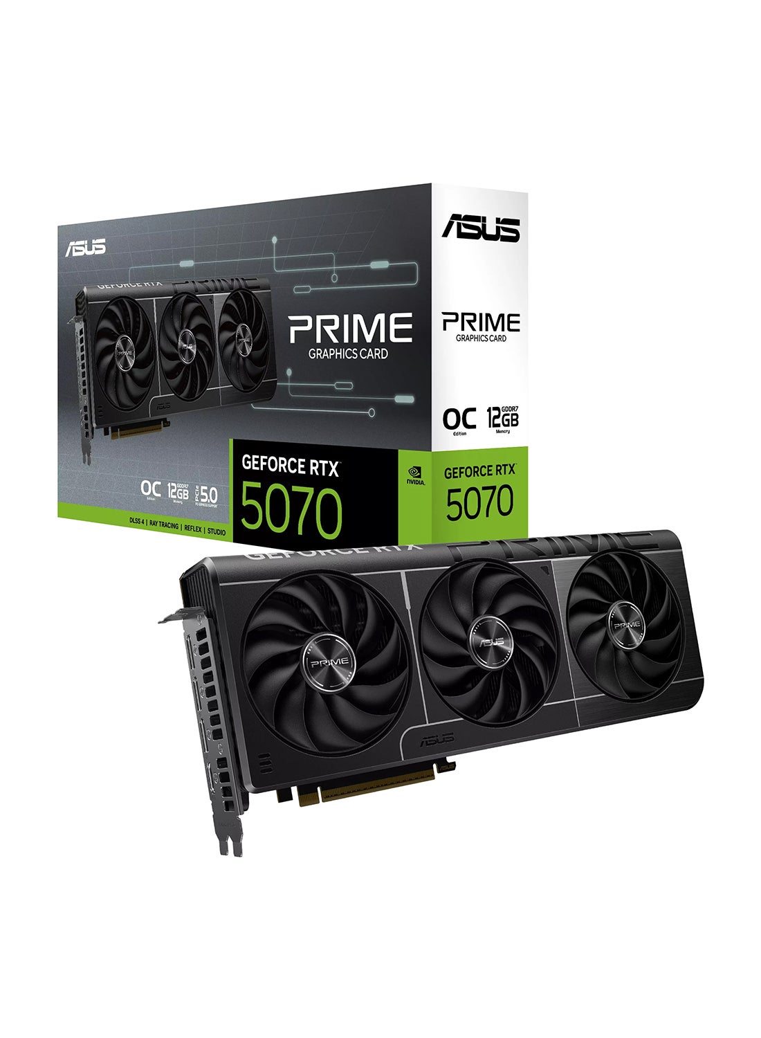 PRIME-RTX5070-O12G OC Edition Graphics Card, NVIDIA GeForce RTX 5070, 12GB GDDR7, 6144 CUDA Cores, 28 Gbps Memory Speed, PCIe 5.0, Triple DisplayPort 2.1b, HDMI 2.1b, 8K Resolution Support, 750W PSU Recommended, 2.5-Slot Design, HDCP 2.3, 16-Pin Power Connector Black