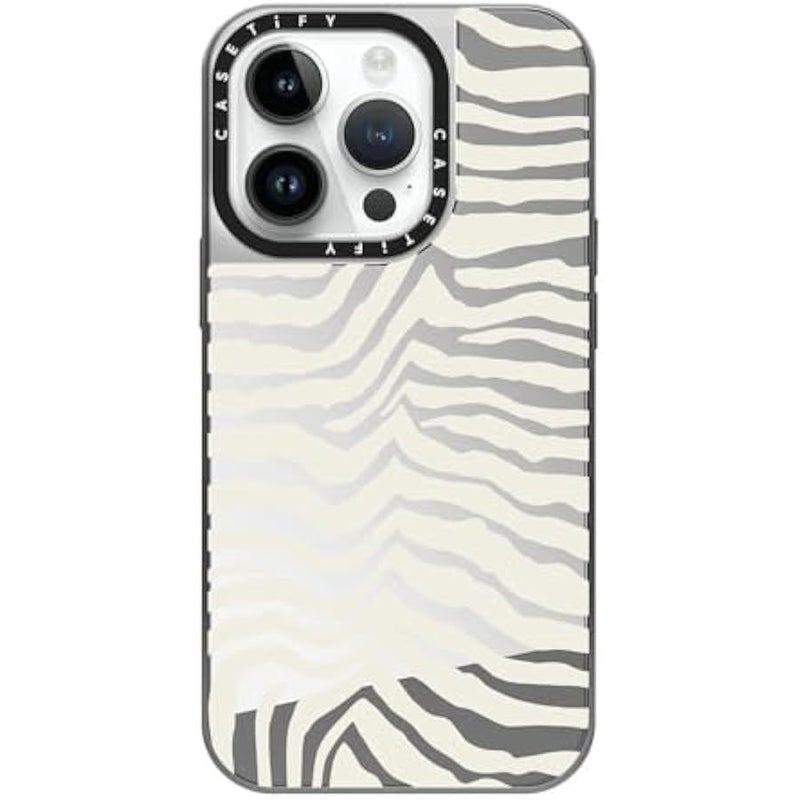 Casetify Mirror Case for iPhone 14 Pro Compatible with Magsafe - Zebra Stripe - Silver on Silver - Image 1