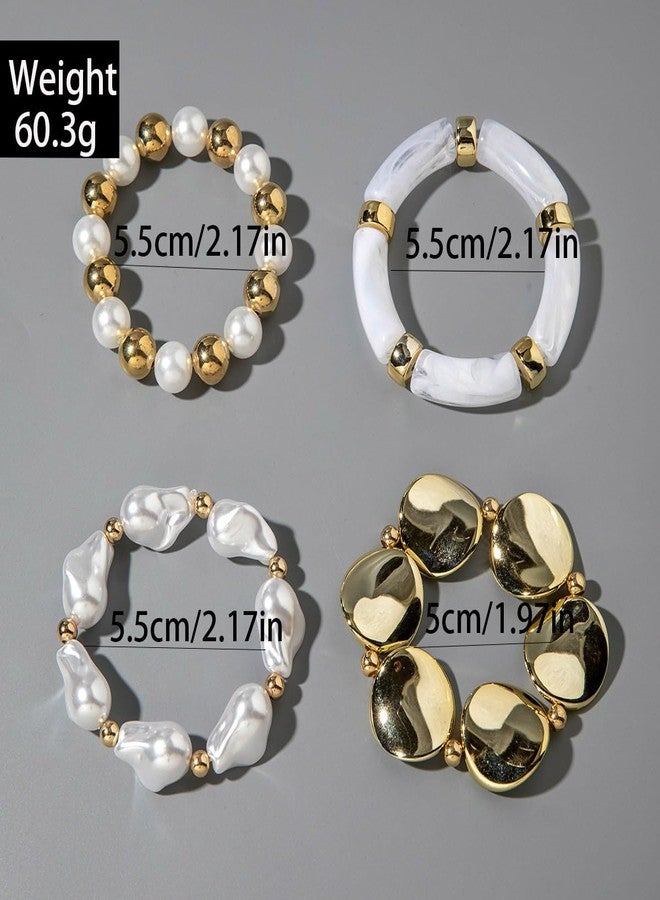 ANGLEQUEEN Chunky Gold Bracelets for Women Liquid Pleats Metal Wide Bangle Irregular Baroque Pearl Beaded Bracelet Adjustable Stackable Stretch Imitation Pearl Bracelets Boho Prom Costumes Fashion Jewelry Accessories Wafer - Image 3