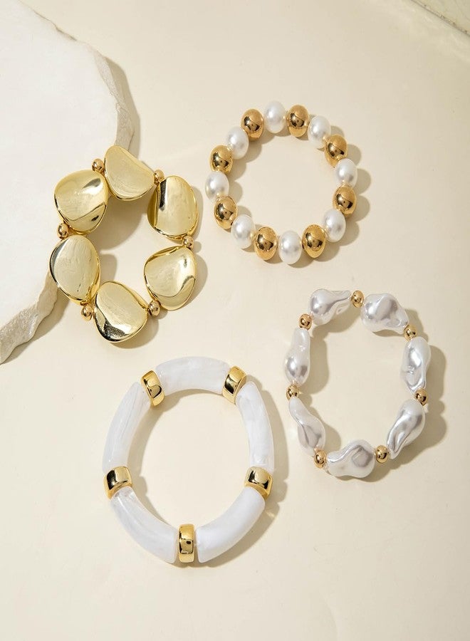 ANGLEQUEEN Chunky Gold Bracelets for Women Liquid Pleats Metal Wide Bangle Irregular Baroque Pearl Beaded Bracelet Adjustable Stackable Stretch Imitation Pearl Bracelets Boho Prom Costumes Fashion Jewelry Accessories Wafer - Image 5