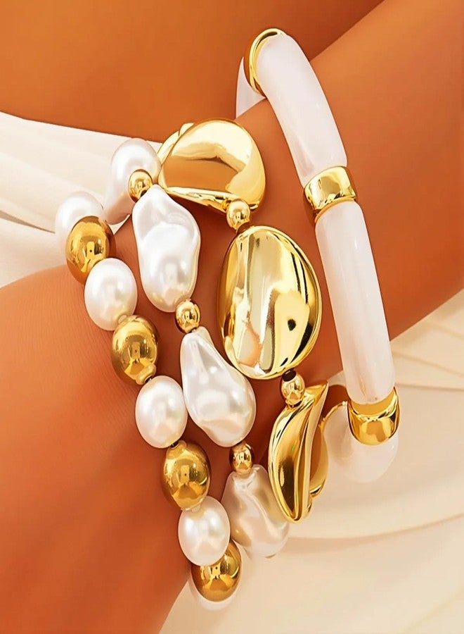 ANGLEQUEEN Chunky Gold Bracelets for Women Liquid Pleats Metal Wide Bangle Irregular Baroque Pearl Beaded Bracelet Adjustable Stackable Stretch Imitation Pearl Bracelets Boho Prom Costumes Fashion Jewelry Accessories Wafer - Image 2