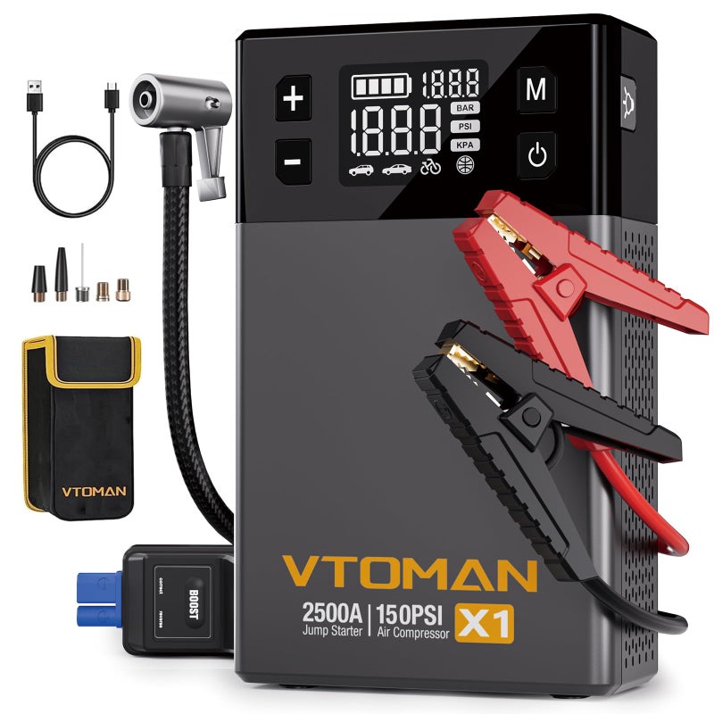 VTOMAN X1 جهاز بدء التشغيل مع ضاغط الهواء لبطارية السيارة 2500A حتى 85L بنزين 6L ديزل مع مضخة هواء تلقائية 150PSI 12V حزمة تعزيز محمولة شاحن بطارية ليثيوم رمادي