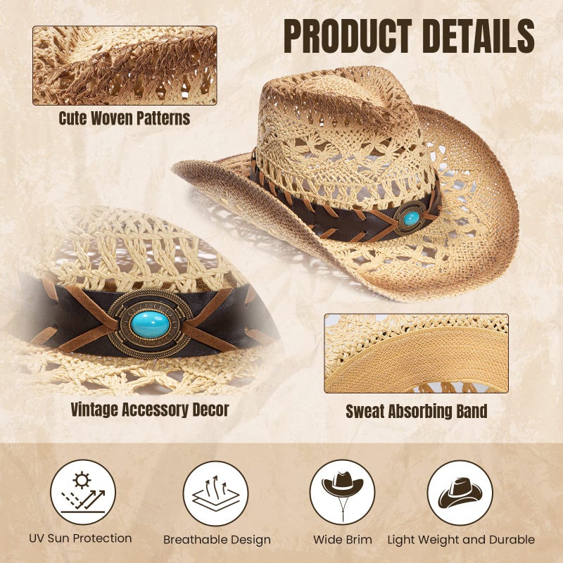 Simplicity Men's & Women's Western Style Cowboy / Cowgirl Straw Hat with Bull Big Bead Band - Beige - Image 2