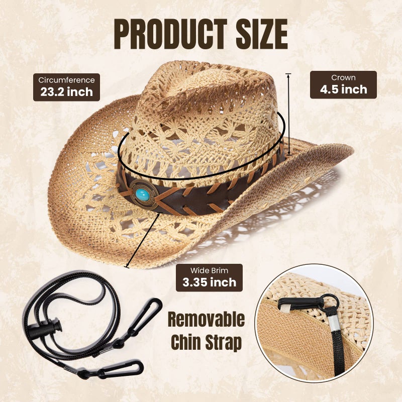 Simplicity Men's & Women's Western Style Cowboy / Cowgirl Straw Hat with Bull Big Bead Band - Beige - Image 4
