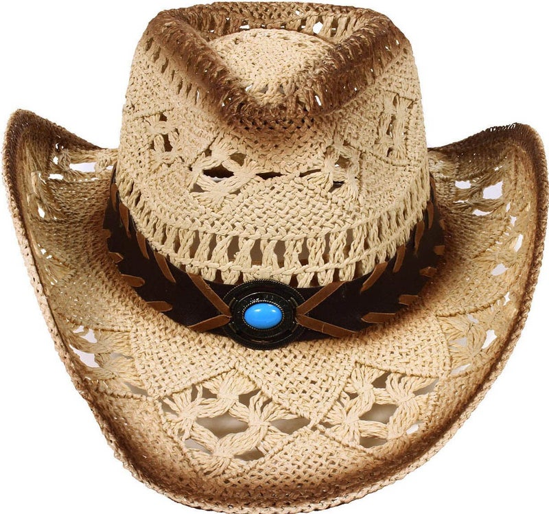 Simplicity Men's & Women's Western Style Cowboy / Cowgirl Straw Hat with Bull Big Bead Band - Beige - Image 1