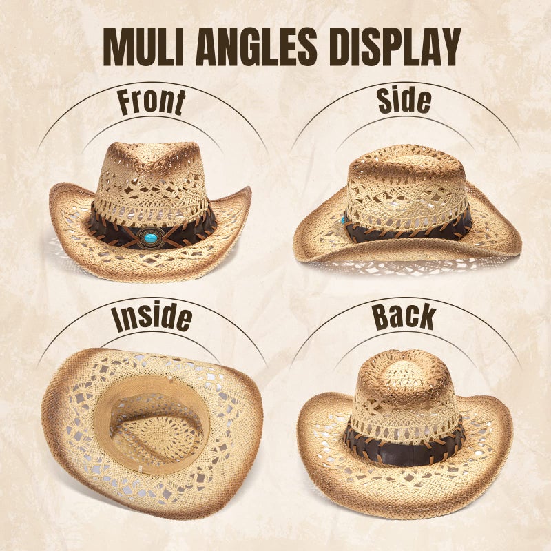 Simplicity Men's & Women's Western Style Cowboy / Cowgirl Straw Hat with Bull Big Bead Band - Beige - Image 3