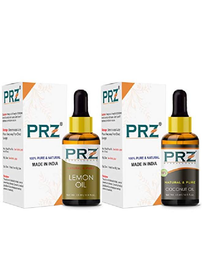 PRZ Combo of Lemon Essential Oil & Cold Pressed Extra Virgin Coconut Carrier Oil 100% Pure l & Therapeutic Grade Oil for Aromatherapy Body Massage Skin Care & Hair Growth (15ML Each) - Image 3