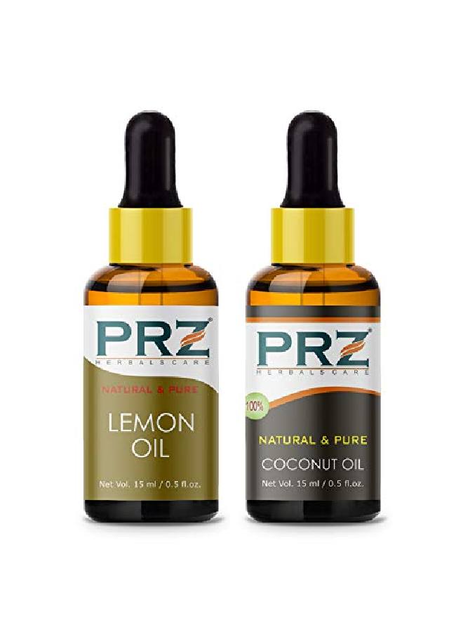 PRZ Combo of Lemon Essential Oil & Cold Pressed Extra Virgin Coconut Carrier Oil 100% Pure l & Therapeutic Grade Oil for Aromatherapy Body Massage Skin Care & Hair Growth (15ML Each) - Image 1