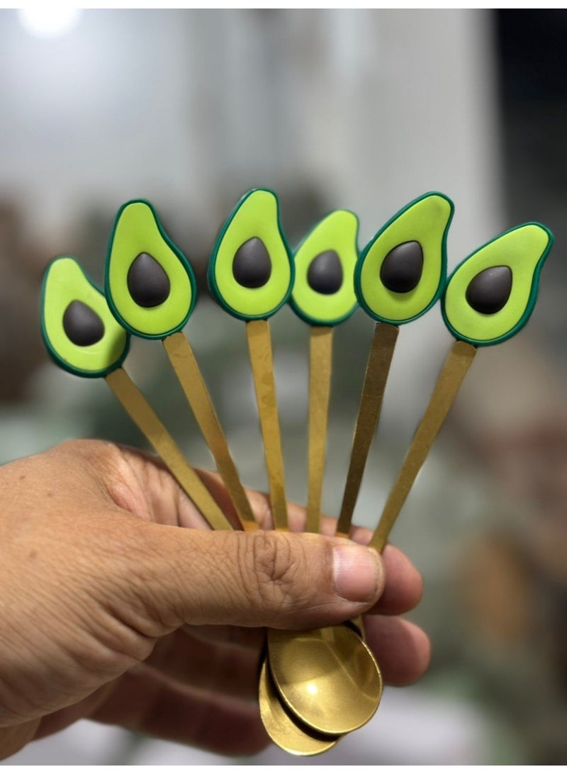 طقم معالق تقديم ذهبية مزخرفة بديكور فاكهة – 6 قطع للحلويات والمشروبات - Image 1