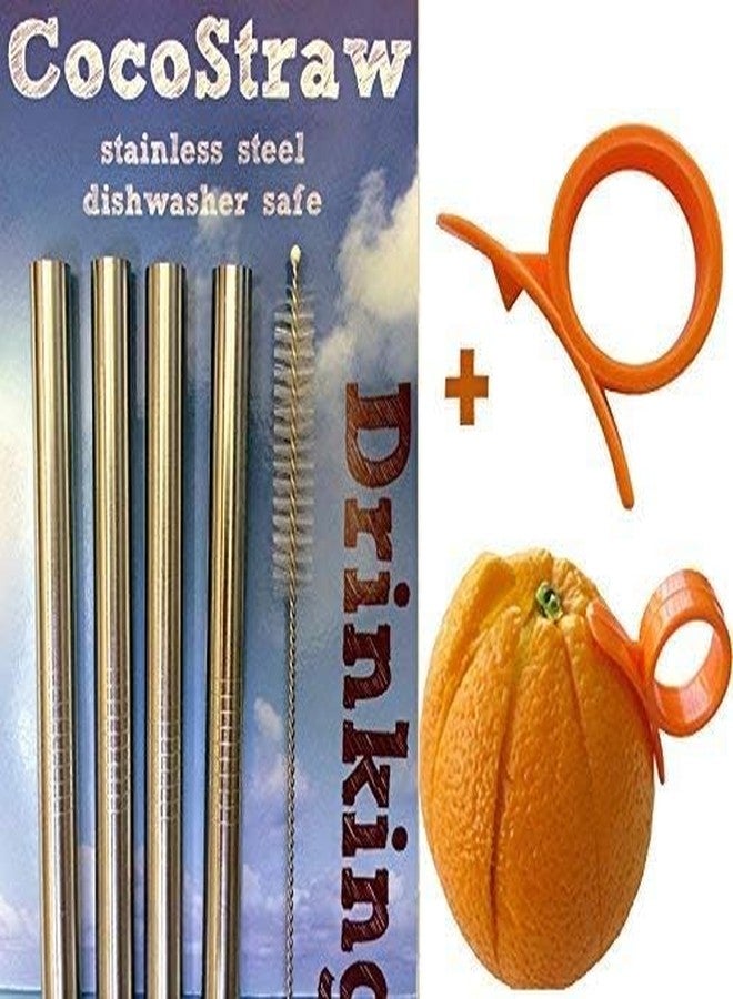 CocoStraw 4 Stainless Steel Wide Smoothie Straws + Cleaning Brush + Citrus Peeler - CocoStraw Large Straight Frozen Drink Straw - Image 3