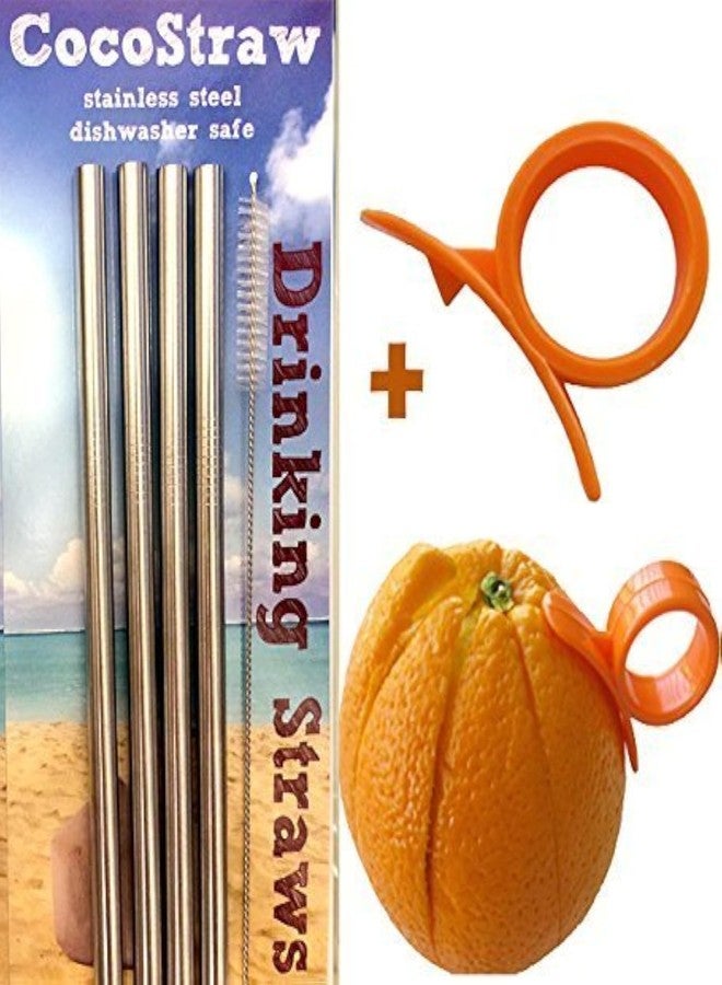 CocoStraw 4 Stainless Steel Wide Smoothie Straws + Cleaning Brush + Citrus Peeler - CocoStraw Large Straight Frozen Drink Straw - Image 1