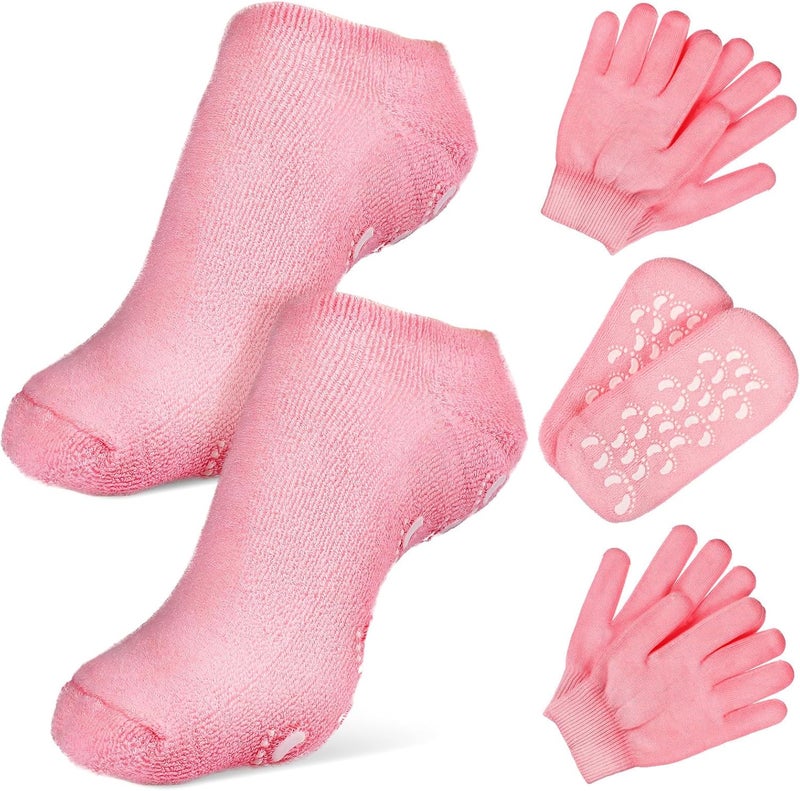 Spa Moisturizing Therapy Gloves and Socks Set 2 Pairs Pink for Dry Hand and Foot Skin Care Moisturizing Treatment Spa Gloves for Women - Image 1