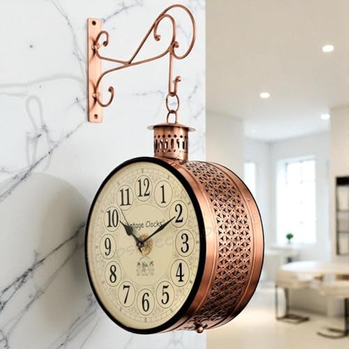 Vintage Clock Handcrafted Double Side Analog Clock With English & Roman Numbers 1 Year Warranty (8 Inches Size, Copper Finish, Totem Jali Design) - Image 1
