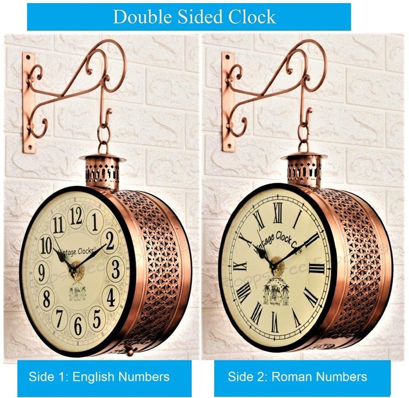 Vintage Clock Handcrafted Double Side Analog Clock With English & Roman Numbers 1 Year Warranty (8 Inches Size, Copper Finish, Totem Jali Design) - Image 2