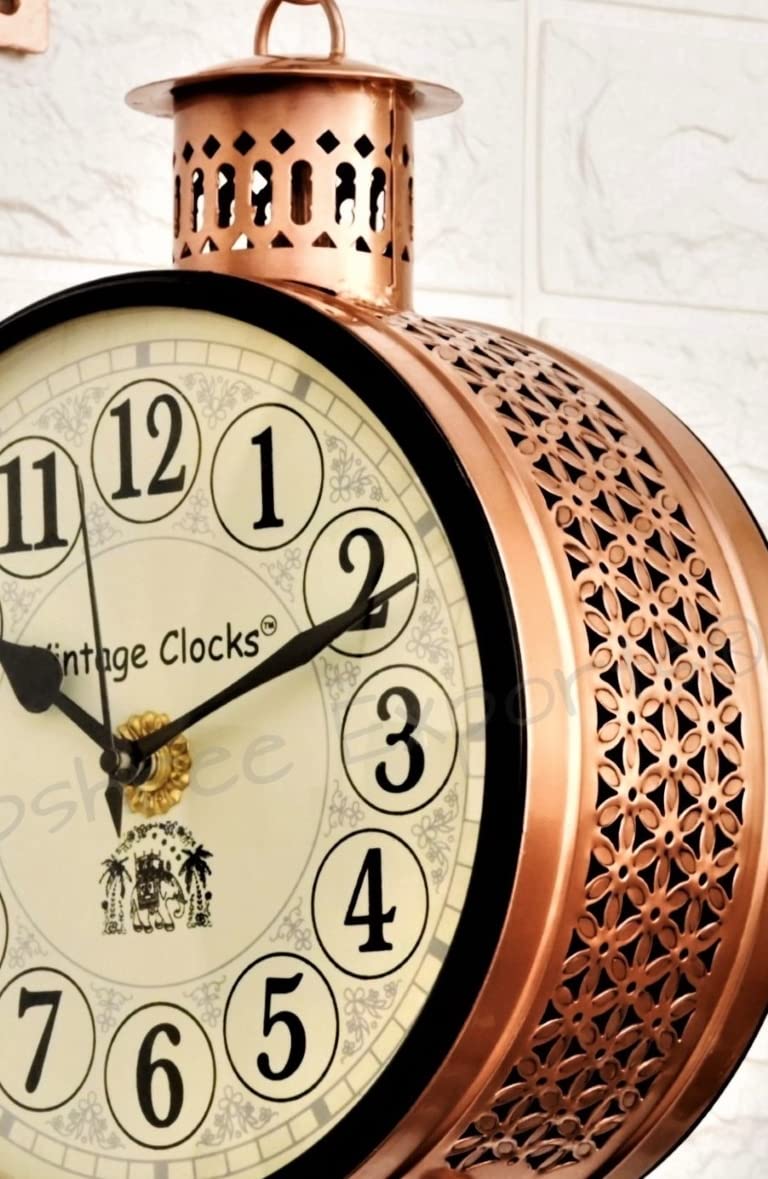 Vintage Clock Handcrafted Double Side Analog Clock With English & Roman Numbers 1 Year Warranty (8 Inches Size, Copper Finish, Totem Jali Design) - Image 4