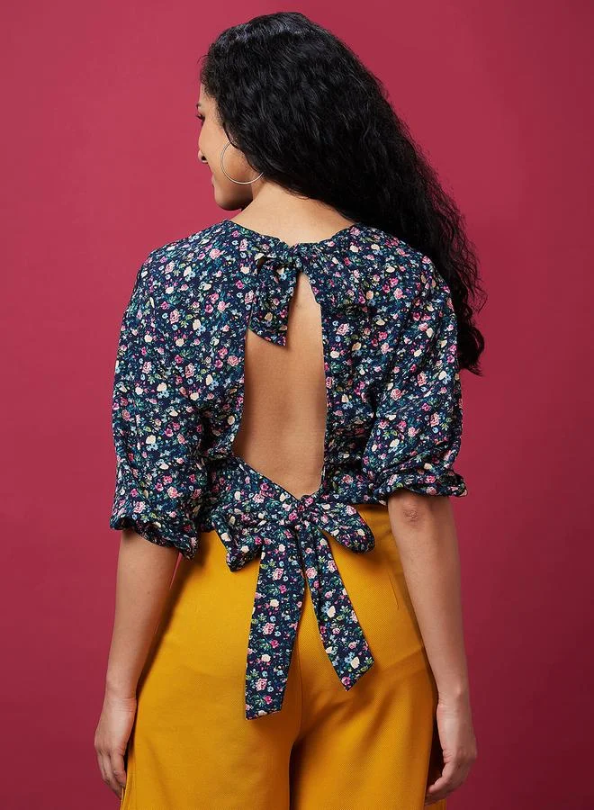 globus Floral Print Back Tie Up Detail Crop Top