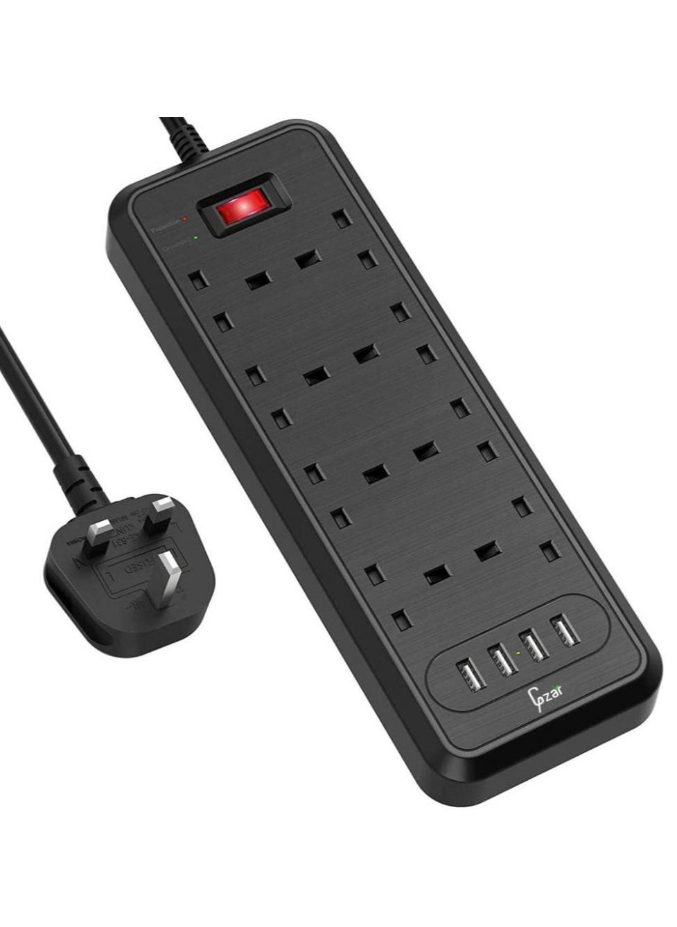 Gzar Gzar Surge Protected Plug Extension Lead with 8 Way and 4 USB Black Multi Plug Power Strip 3M Extension Cable 1050J  3250W 13A UK Power Socket Extension Cord For Home 