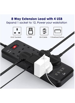 Gzar Gzar Surge Protected Plug Extension Lead with 8 Way and 4 USB Black Multi Plug Power Strip 3M Extension Cable 1050J  3250W 13A UK Power Socket Extension Cord For Home  - Image 4