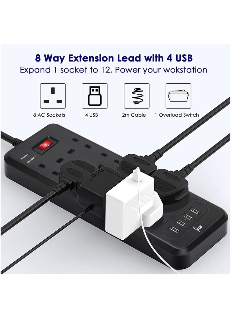 Gzar - Gzar Surge Protected Plug Extension Lead with 8 Way and 4 USB Black Multi Plug Power Strip 3M Extension Cable 1050J  3250W 13A UK Power Socket Extension Cord For Home - Image 1