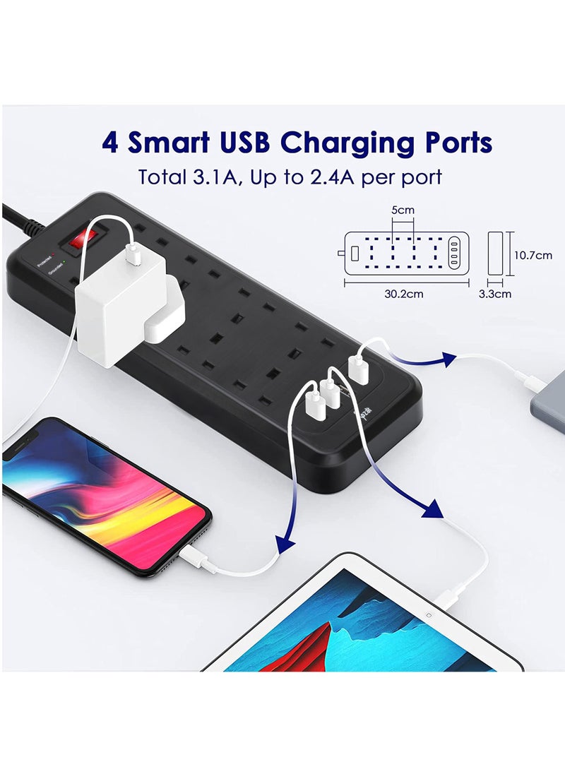 Gzar - Gzar Surge Protected Plug Extension Lead with 8 Way and 4 USB Black Multi Plug Power Strip 3M Extension Cable 1050J  3250W 13A UK Power Socket Extension Cord For Home - Image 1