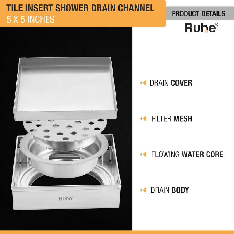 Ruhe® Square Tile Insert Floor Drain | 304 Stainless Steel | Invisible Shower Drain Channel | 5 x 5 Inches | Waste Water Floor Drain for 13mm Tile | Drainer Channel | Anti Cockroach Trap | Silver - Image 4