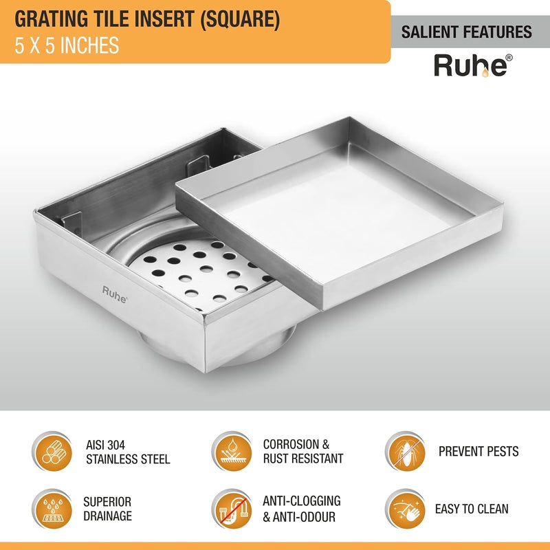 Ruhe® Square Tile Insert Floor Drain | 304 Stainless Steel | Invisible Shower Drain Channel | 5 x 5 Inches | Waste Water Floor Drain for 13mm Tile | Drainer Channel | Anti Cockroach Trap | Silver - Image 3