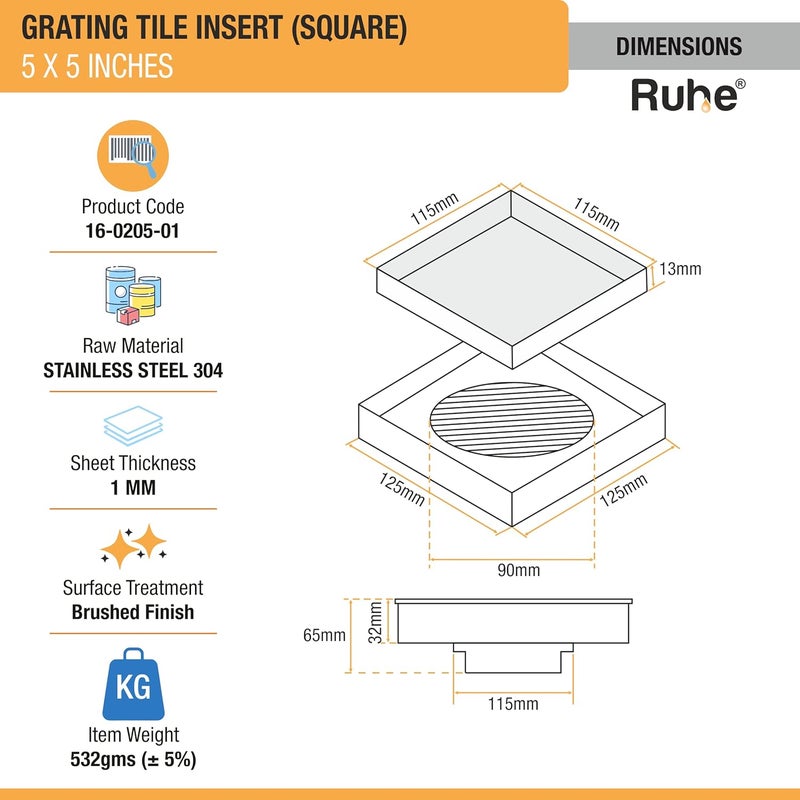 Ruhe® Square Tile Insert Floor Drain | 304 Stainless Steel | Invisible Shower Drain Channel | 5 x 5 Inches | Waste Water Floor Drain for 13mm Tile | Drainer Channel | Anti Cockroach Trap | Silver - Image 2