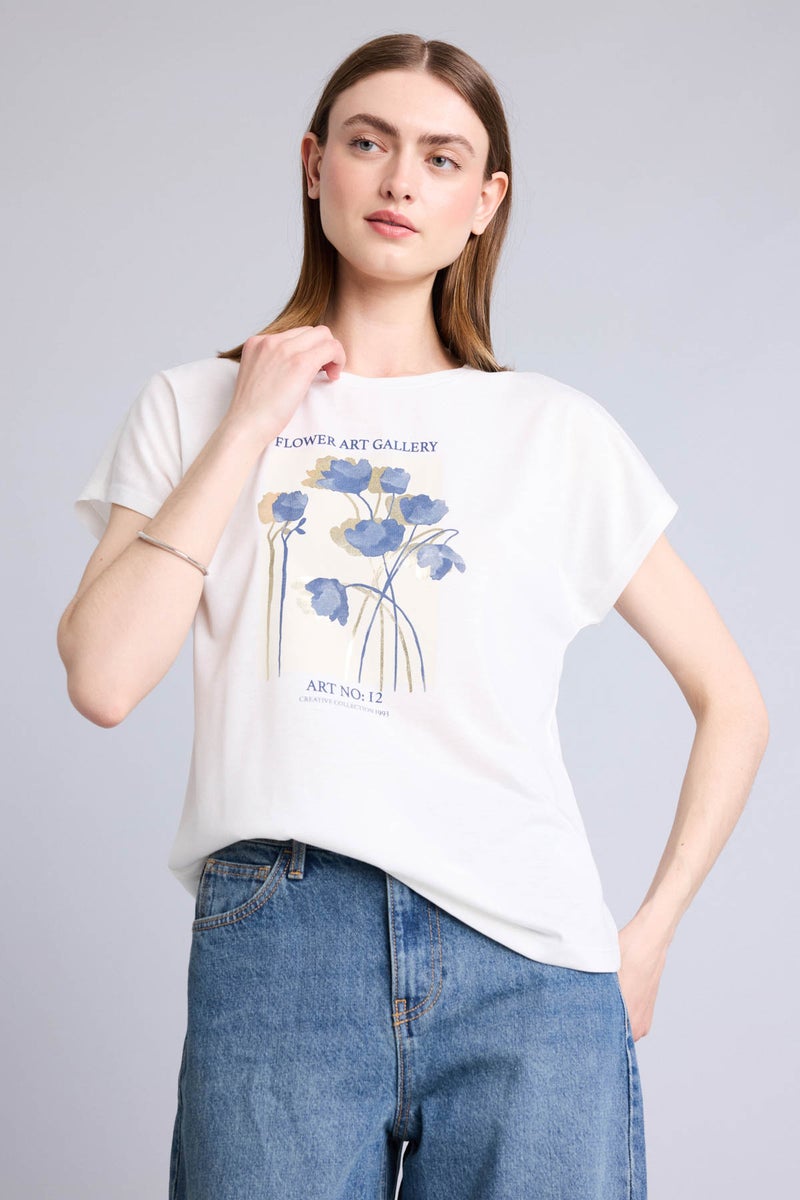 DeFacto Beige Woman Crew Neck Floral Short Sleeve T-Shirt Casual - Image 4