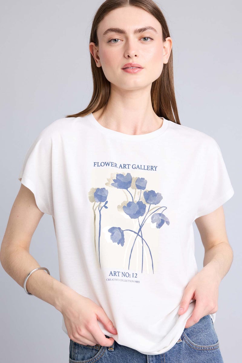 DeFacto Beige Woman Crew Neck Floral Short Sleeve T-Shirt Casual - Image 1