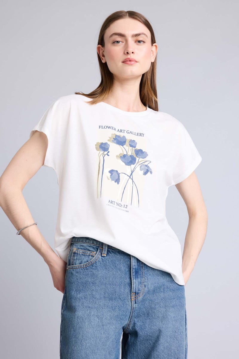 DeFacto Beige Woman Crew Neck Floral Short Sleeve T-Shirt Casual - Image 3