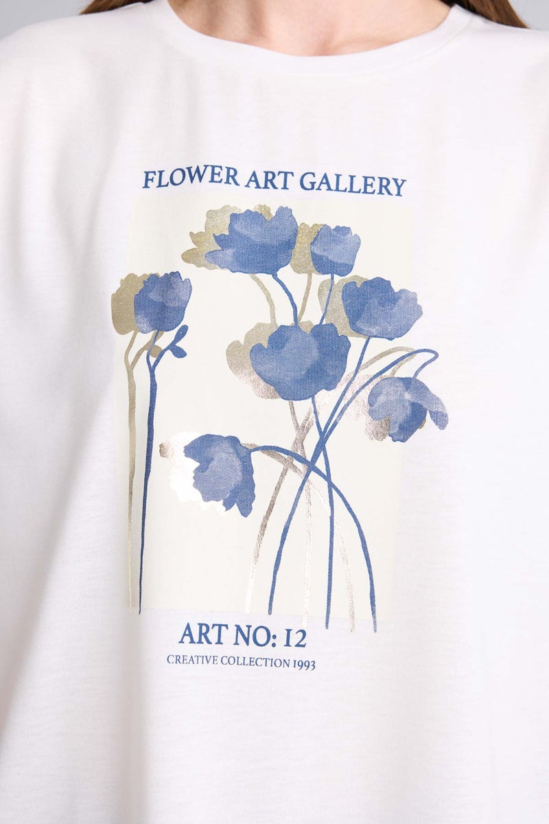 DeFacto Beige Woman Crew Neck Floral Short Sleeve T-Shirt Casual - Image 5