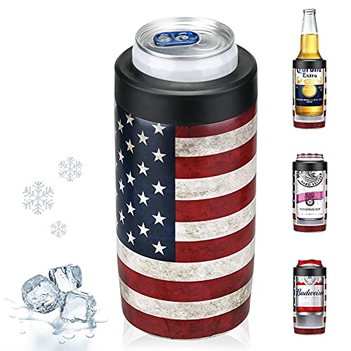 Maxso Slim Can Cooler, 4-in-1 Double Walled Stainless Steel Insulated Beer Can Holder, Works With All 12 Oz Cans,Bottles & As A Pint Cups - America Flag - Image 1