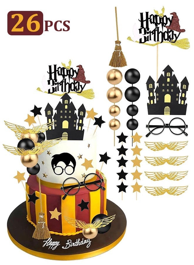 26 PCS HarryPotter Wizard Birthday Cake Topper Decorations, Wizard Party Supplies, Glitter Themed Cupcake Decorations - Image 1