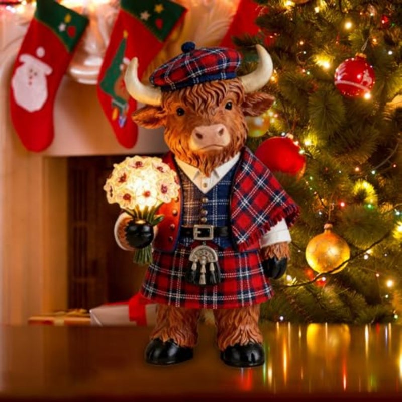 Highland Cow Figurine - Christmas Night Light Decor, 5.91Inch Cute Highland Cow Led Christmas Desktop Decor for Holiday Ambiance, Decorative Accent Living Room, Bedroom, Bedside Table - Image 5