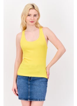 Women Scoop Neck Sleeveless Ribbed Tank Top, Yellow