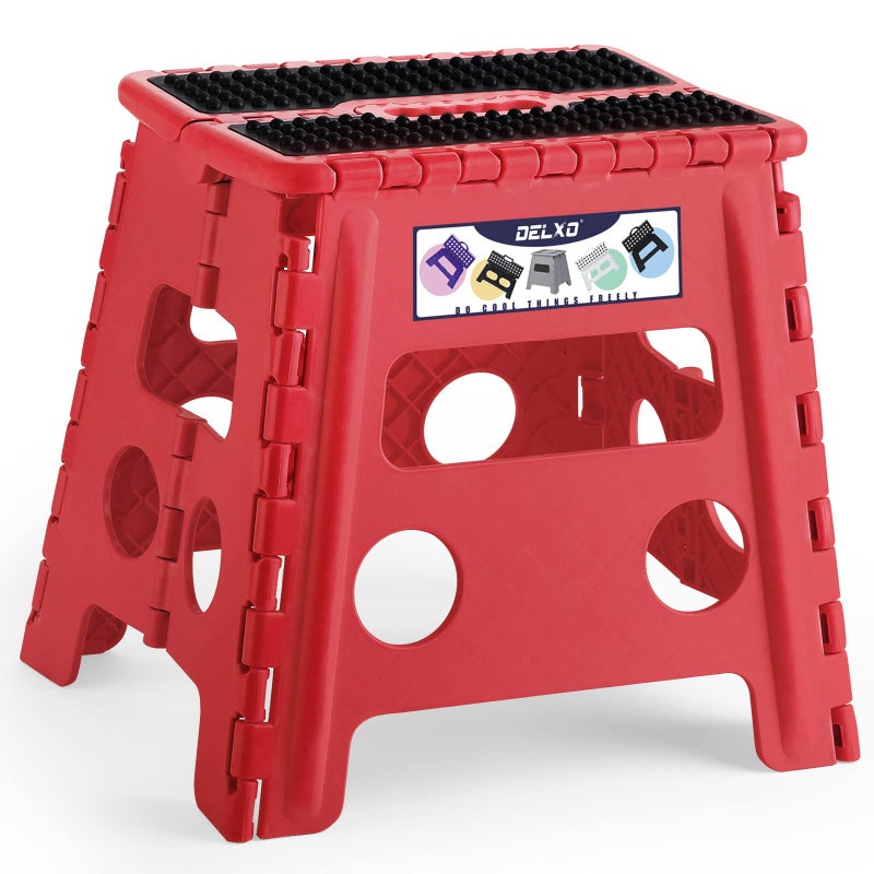 Delxo Folding Step StoolNonSlip Stool 13 inch Height Premium Heavy Duty Foldable Stool for Kids and AdultsKitchen Garden Bathroom Steppingstool 1 Pack in RedDotted Texture