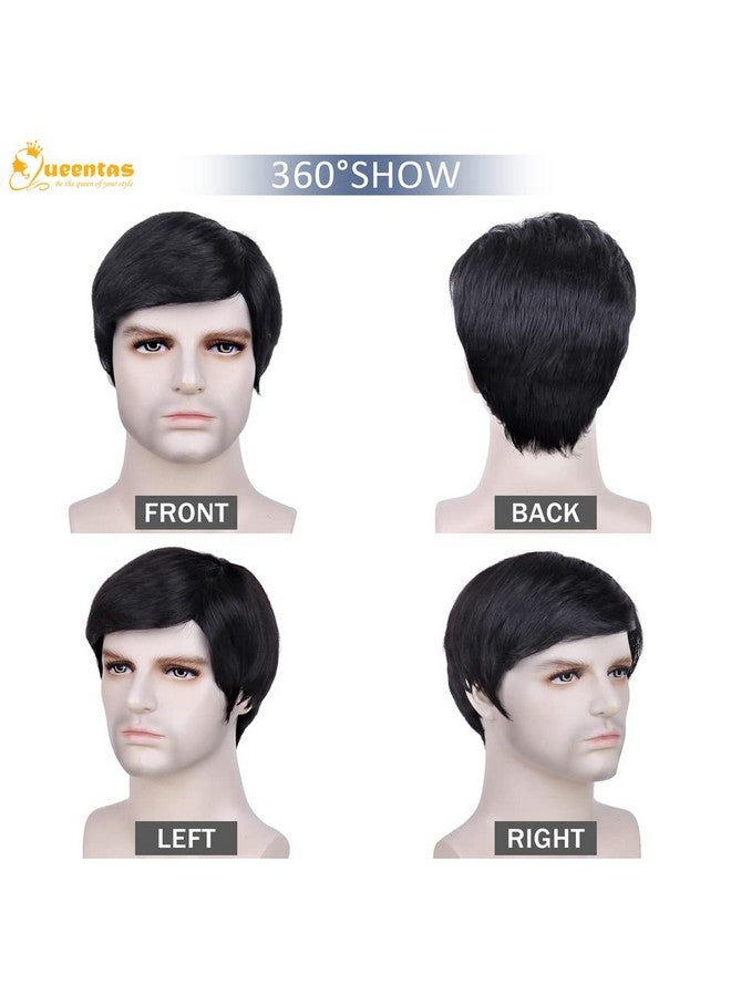 Queentas Mens Wig Short Human Hair With Bangs Men Male Black Short Wigs For Men (Natural Black1B) - Image 4