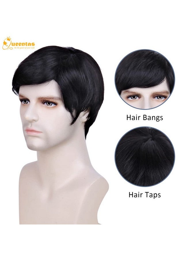 Queentas Mens Wig Short Human Hair With Bangs Men Male Black Short Wigs For Men (Natural Black1B) - Image 3