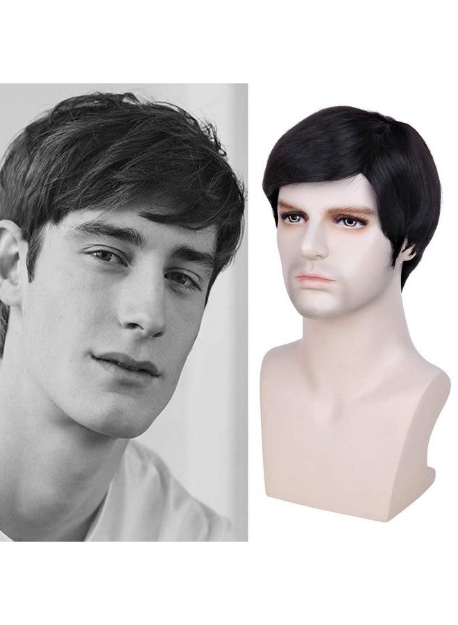 Queentas Mens Wig Short Human Hair With Bangs Men Male Black Short Wigs For Men (Natural Black1B) - Image 2